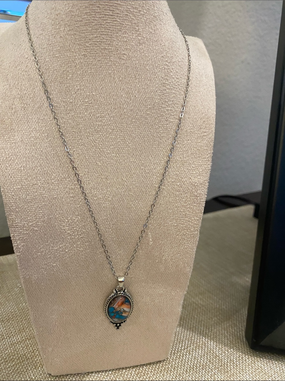 Silver-tone Blue and Orange Pendant Necklace
